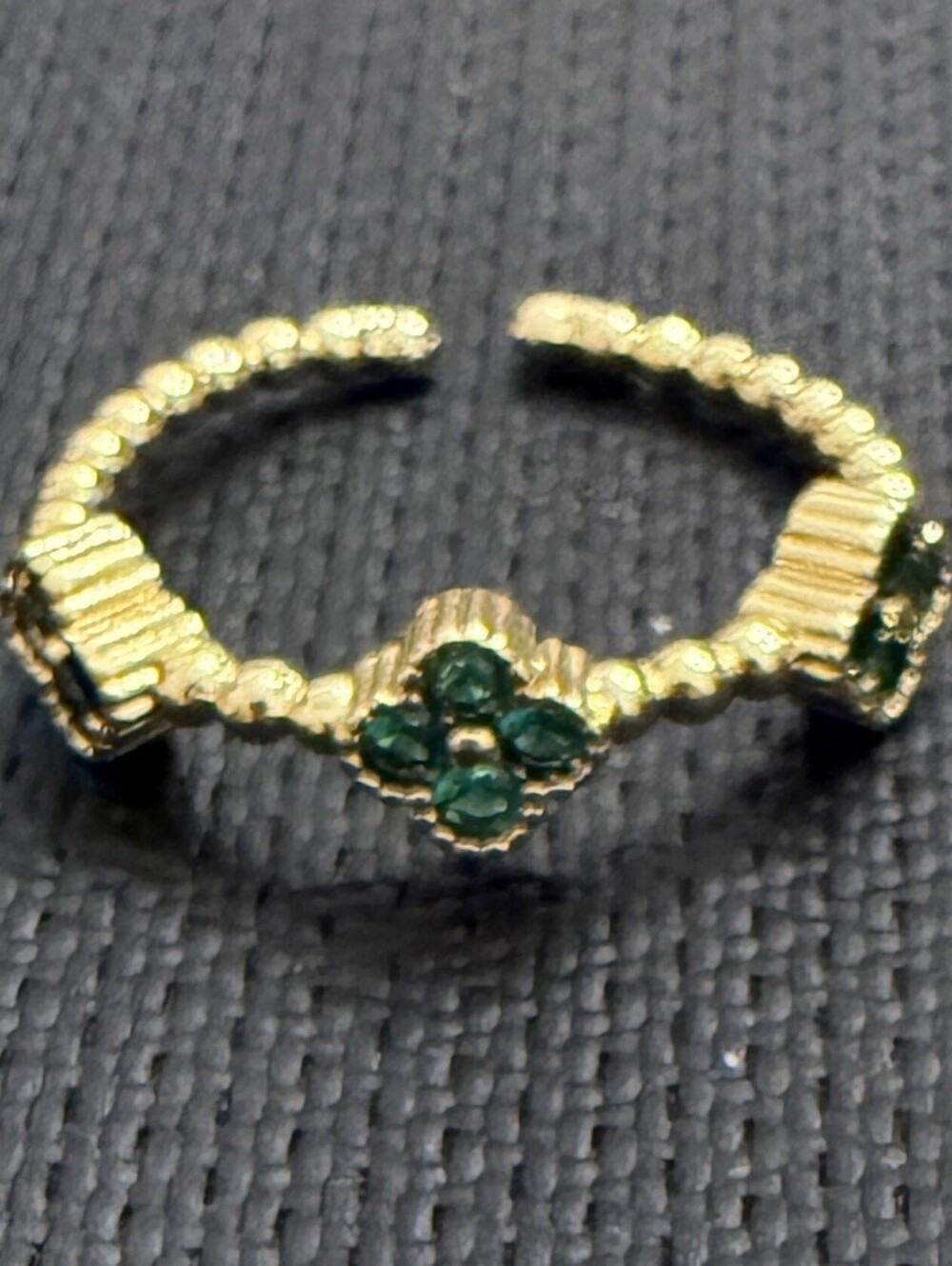Gold Tone Green Stone Clover Quatrefoil Open Cuff Ring Adjustable